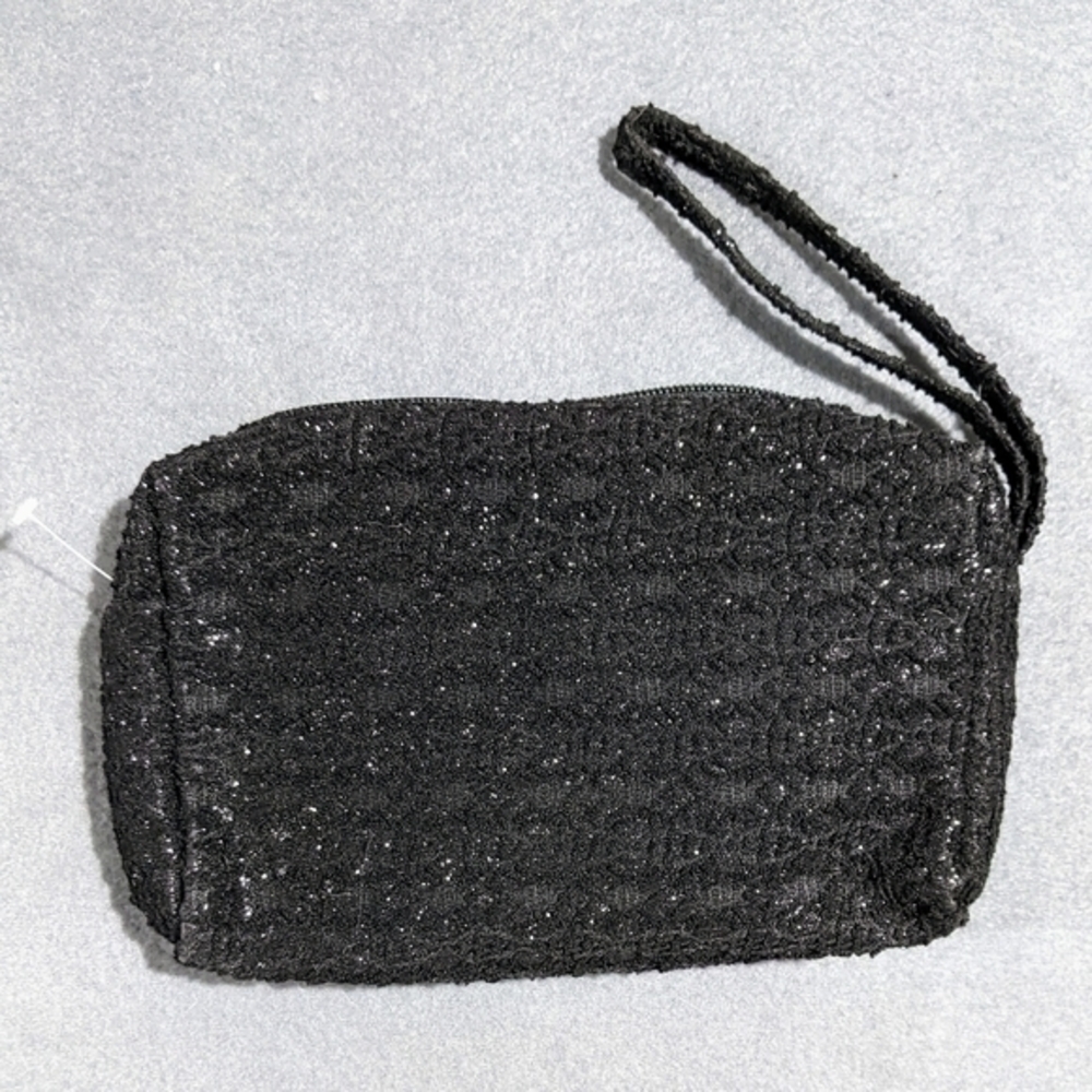 Black sequined zippered wristlet clutch makeup bag